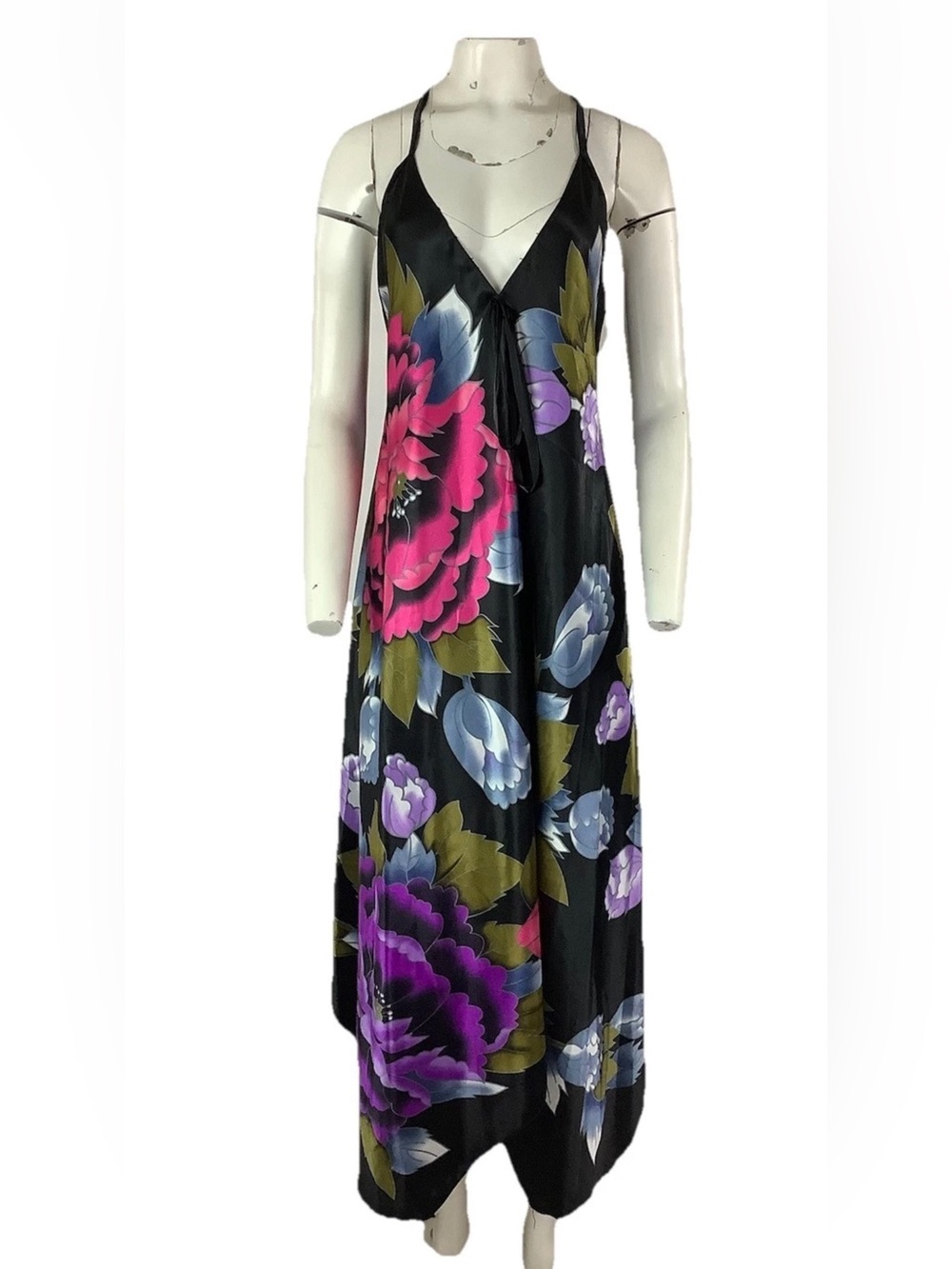 Ultrapink Sz M Satin Floral Print Maxi Asymmetric Cocktail Party Dress Black